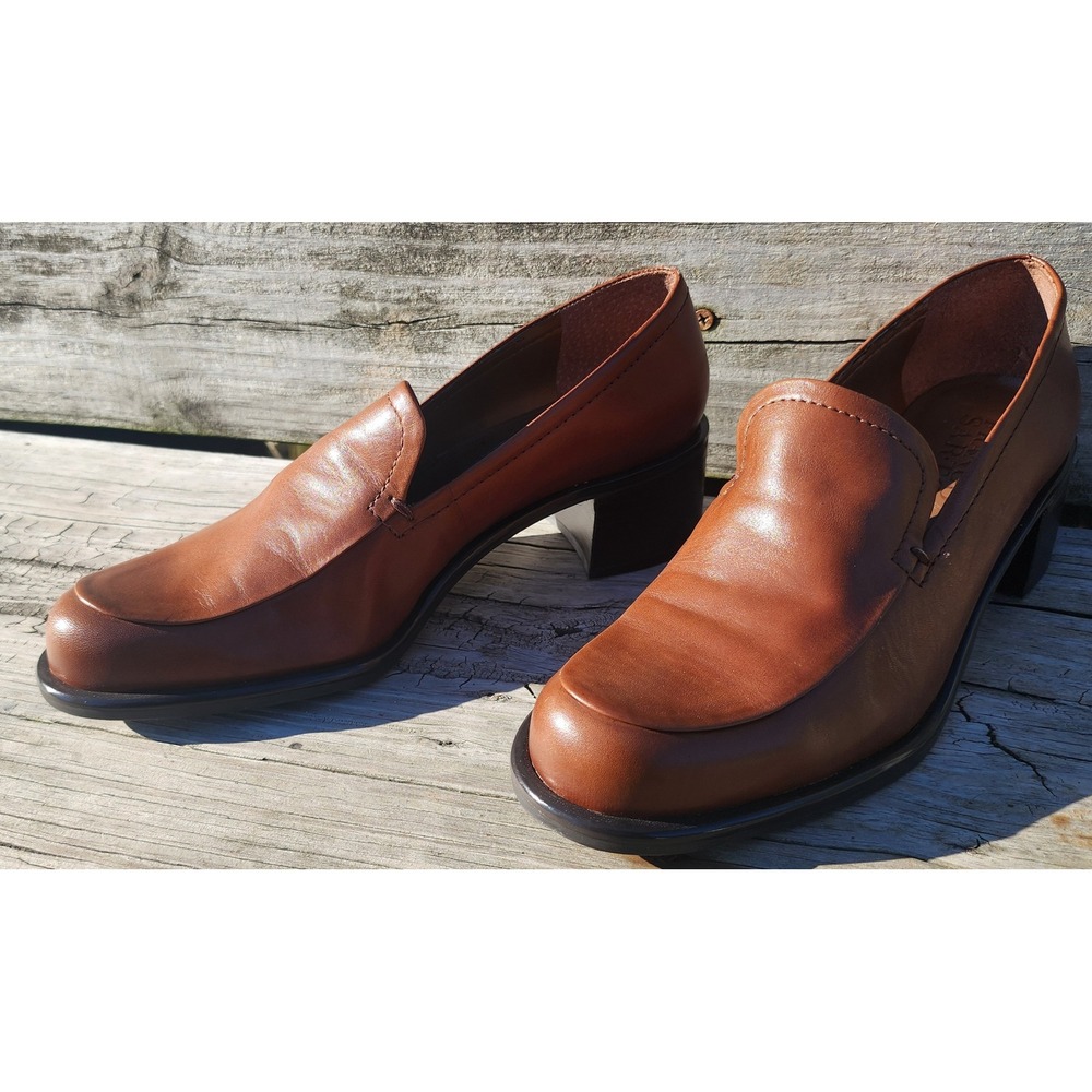 Franco Sarto Womens Cognac Leather Block Heel Square Toe Loafers Size 9M READ